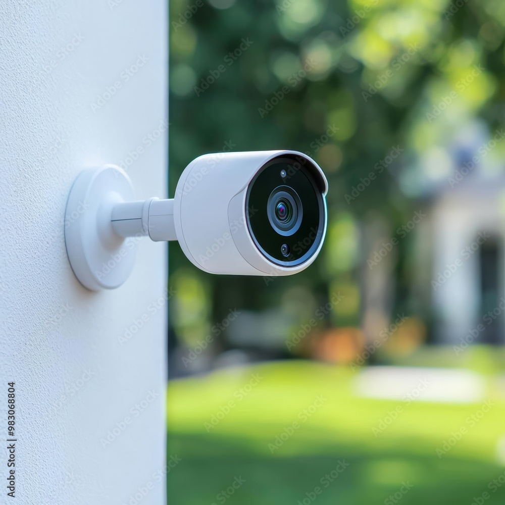 Outdoor security camera mounted on wall with blurred background of garden and house, capturing surveillance footage in bright daylight. Outdoor security camera mounted on wall with blurred background of garden and house, capturing surveillance footage in bright daylight.
