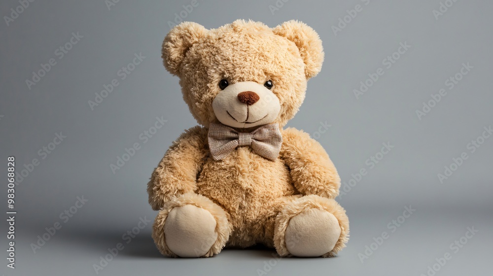 Soft plush teddy bear with a bowtie, isolated on a neutral gray background Soft plush teddy bear with a bowtie, isolated on a neutral gray background