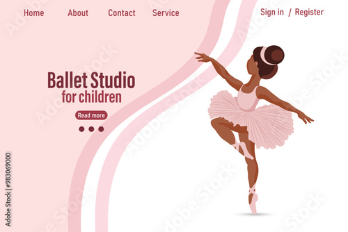 Ballet studio banner. Little cute girl ballerina in dress and pointe shoes. Illustration, landing page