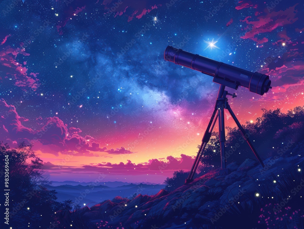 Silhouette of a telescope on a hillside against a starry night sky background. This image could be used as an illustration, banner, or as a space for text. Silhouette of a telescope on a hillside against a starry night sky background. This image could be used as an illustration, banner, or as a space for text.