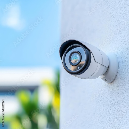 Modern outdoor security camera mounted on a white wall, providing surveillance and safety for residential or commercial properties. photo