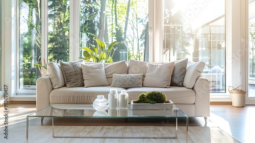 A stylish white modern living room with a plush white sofa, sleek glass coffee table, and contemporary home decor accents, featuring bright natural light from large windows