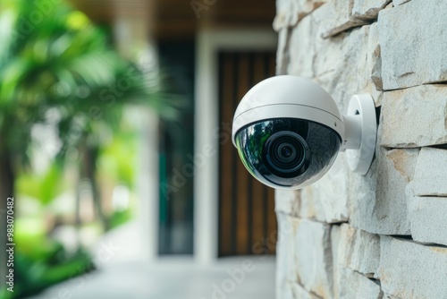 Outdoor security camera mounted on a stone wall, monitoring entrance of a modern building with greenery in the background. photo