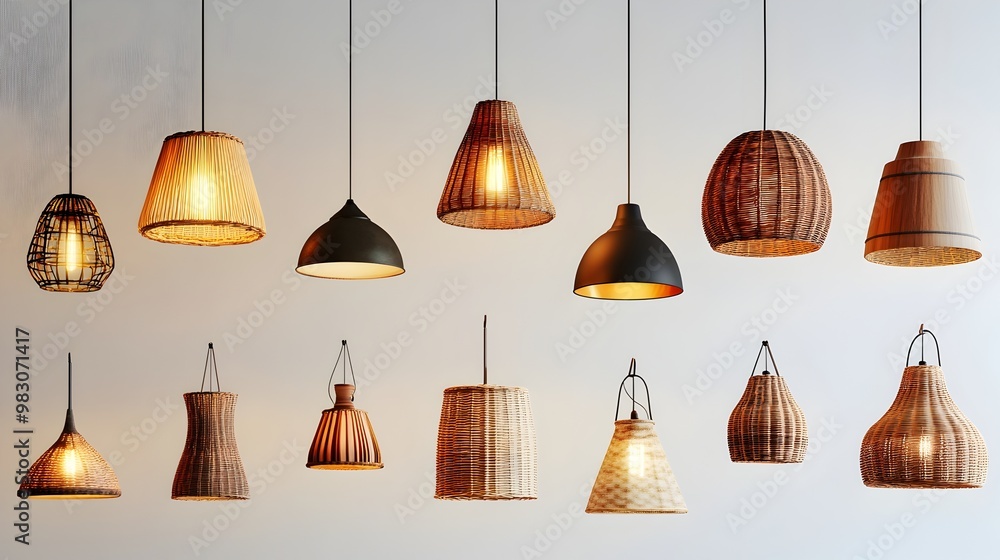 Obraz premium Diverse Collection of Elegant Hanging and Floor Lamps on White Background