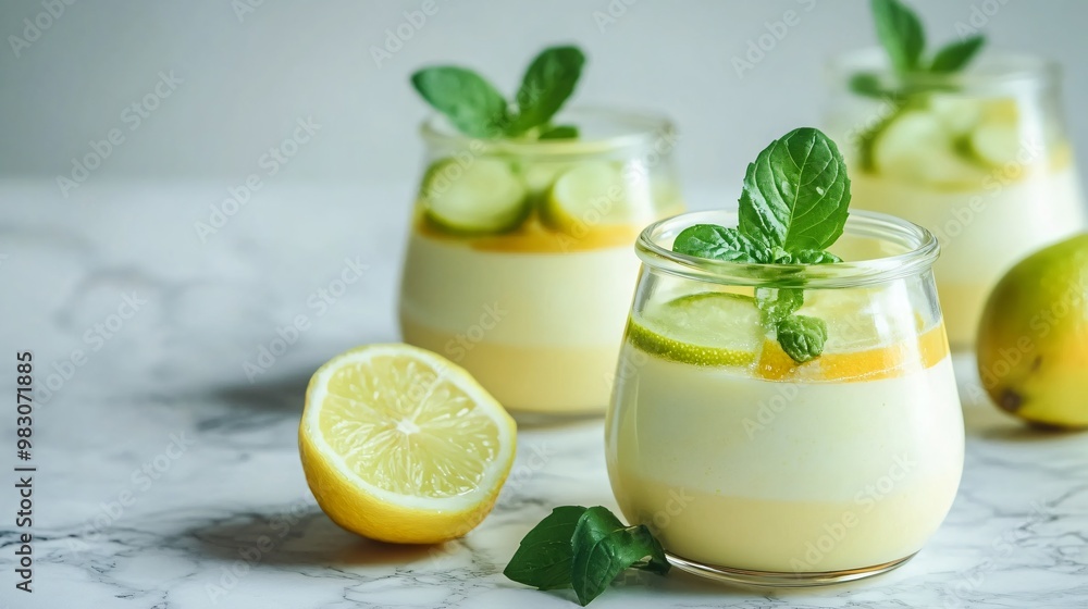 Lemon and lime panna cotta in individual glass jars, isolated on a light marble background Lemon and lime panna cotta in individual glass jars, isolated on a light marble background