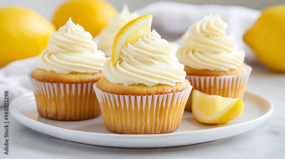 Lemon cupcakes with cream cheese frosting and a lemon wedge on top, isolated on a white ceramic plate Lemon cupcakes with cream cheese frosting and a lemon wedge on top, isolated on a white ceramic plate