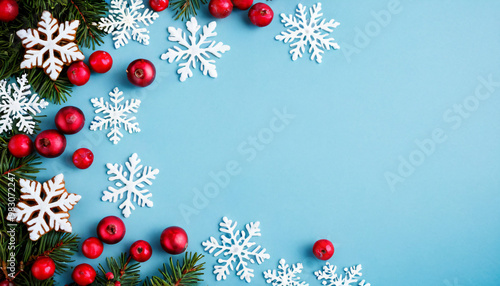 Christmas Card Design, Festive Blue Background with Snowflakes, Red Berries, and Pine Branches, holiday, winter, decoration, greeting, seasonal, ornaments, minimalist, space for text