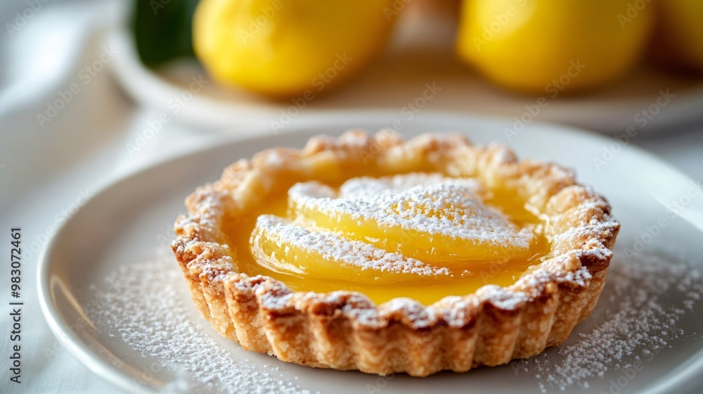 Lemon curd tartlet with a sprinkle of powdered sugar, isolated on a clean white plate Lemon curd tartlet with a sprinkle of powdered sugar, isolated on a clean white plate