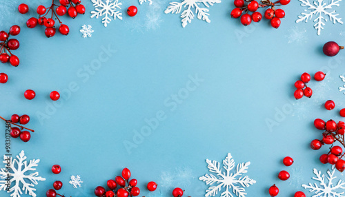 Christmas Card Design, Festive Blue Background with Snowflakes, Red Berries, and Pine Branches, holiday, winter, decoration, greeting, seasonal, ornaments, minimalist, space for text