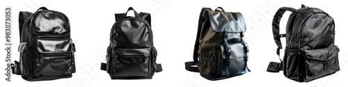 Collection of backpacks black isolated on transparent or white background 