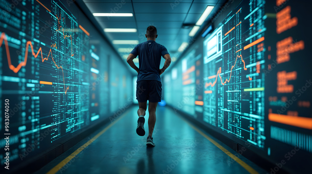Man jogging with digital graphs and data around, smart intelligent motion tracking Man jogging with digital graphs and data around, smart intelligent motion tracking