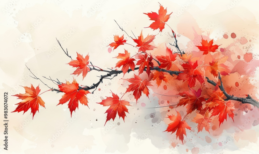 An artistic shot of red maple leaves gently swaying on branches, symbolizing autumn. Free copy space for text. An artistic shot of red maple leaves gently swaying on branches, symbolizing autumn. Free copy space for text.