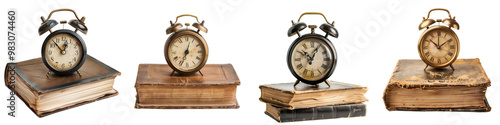 Collection of clocks and books on table isolated on transparent or white background