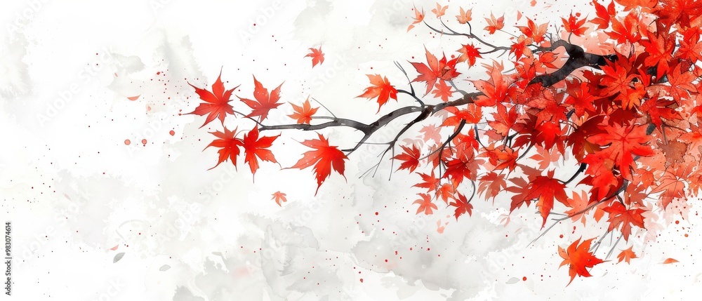 An artistic shot of red maple leaves gently swaying on branches, symbolizing autumn. Free copy space for text. An artistic shot of red maple leaves gently swaying on branches, symbolizing autumn. Free copy space for text.