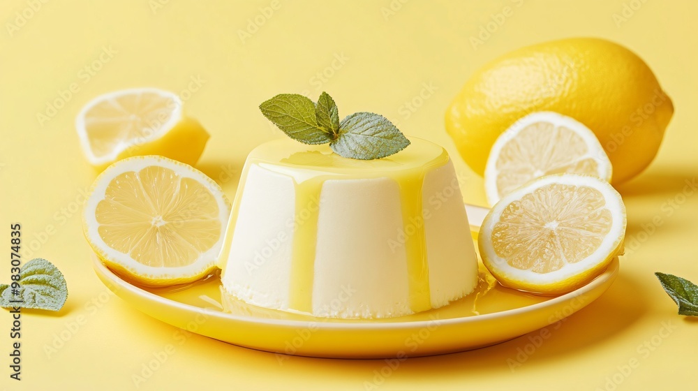 Lemon panna cotta with a citrus glaze, isolated on a pastel yellow background Lemon panna cotta with a citrus glaze, isolated on a pastel yellow background
