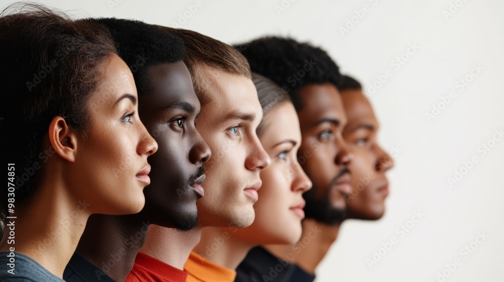Obraz premium Side profile of a multiracial group of people standing in a line, representing unity and diversity. Concept of inclusion, teamwork, and equity.