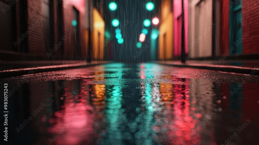 Obraz premium A vibrant alley illuminated by colorful lights reflecting on wet pavement during a rain shower.