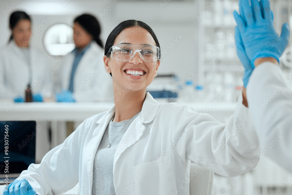 High five, goals and happy woman in laboratory for science breakthrough, clinical trial or discovery. Success, medical target or scientist with innovation for vaccine research, cure or development High five, goals and happy woman in laboratory for science breakthrough, clinical trial or discovery. Success, medical target or scientist with innovation for vaccine research, cure or development