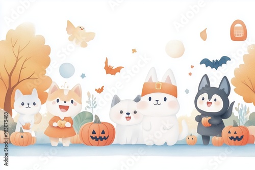 Wallpaper Mural Cute Halloween Cat Friends: Adorable cats dressed in costumes with pumpkins, bats, and autumn leaves in a whimsical illustration. Perfect for greeting cards, social media, and festive décor. Torontodigital.ca