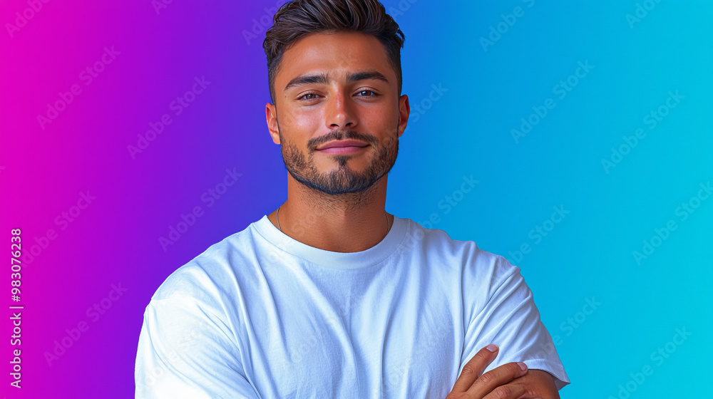 Smiling Latino Man in a Vibrant Tropical Shirt with Colorful Background. Smiling Latino Man in a Vibrant Tropical Shirt with Colorful Background.