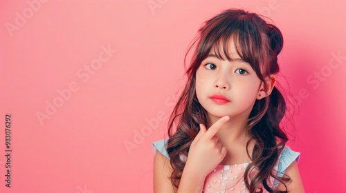 Young girl with curly hair thinking thoughtfully in front of a pink background during a playful indoor moment