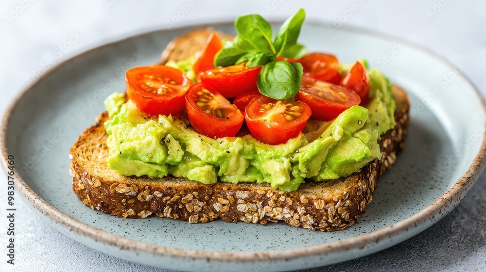 Delicious avocado toast topped with cherry tomatoes and basil on a rustic plate, perfect for a healthy breakfast. Delicious avocado toast topped with cherry tomatoes and basil on a rustic plate, perfect for a healthy breakfast.
