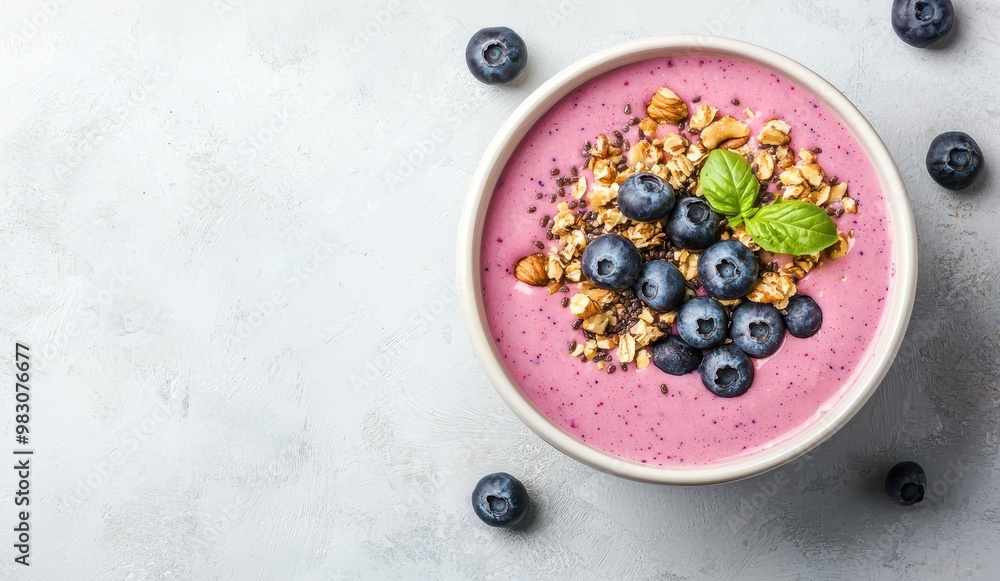 Delicious blueberry smoothie topped with granola and mint, perfect for a healthy breakfast or snack on a light concrete background. Delicious blueberry smoothie topped with granola and mint, perfect for a healthy breakfast or snack on a light concrete background.