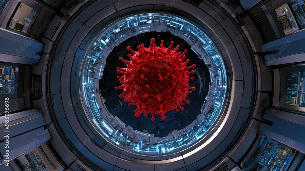 A red virus is prominently displayed in a dark blue office environment, enhanced by high-tech lighting and a futuristic style, showcasing vibrant details in 8K resolution A red virus is prominently displayed in a dark blue office environment, enhanced by high-tech lighting and a futuristic style, showcasing vibrant details in 8K resolution