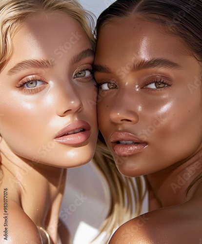 Two women with radiant skin display their beauty side by side in a sunlit setting, highlighting diversity and natural glow