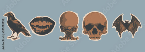 Halloween raven, vampire's mouth, skull, bat, crystal ball. Collage gothic halftone stickers with photocopy texture. Retro cutout monochrome illustration for poster, t-shirt prints