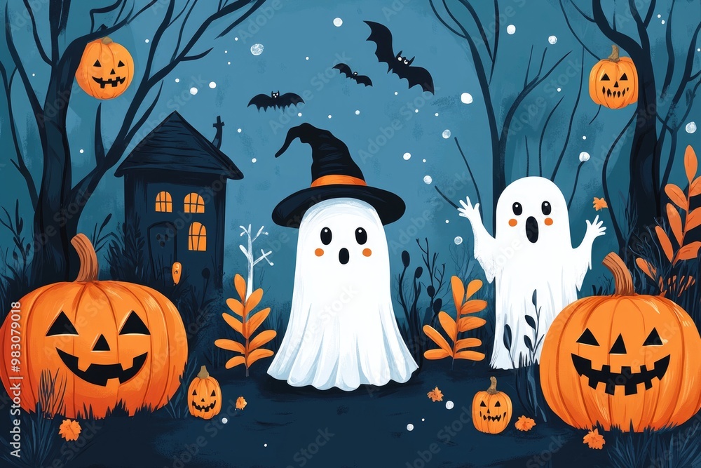 Friendly Ghosts and Jack-o'-Lanterns in a Halloween Forest Friendly Ghosts and Jack-o'-Lanterns in a Halloween Forest