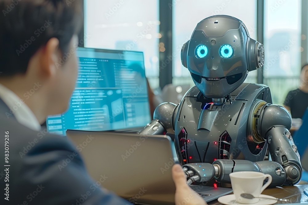 Humanoid Robot In Video Chatting With His Colleagues On Laptop, robot, webinar, ai, artificial, interview, intelligence, code, video, tech, machine, job, technology, future, webcast, 4, 0 Humanoid Robot In Video Chatting With His Colleagues On Laptop, robot, webinar, ai, artificial, interview, intelligence, code, video, tech, machine, job, technology, future, webcast, 4, 0