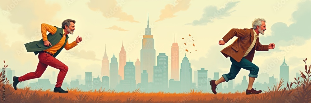 Two elderly men running joyfully in a vibrant urban landscape, symbolizing adventure and vitality in later life. Perfect for wellness, travel, and lifestyle themes. Two elderly men running joyfully in a vibrant urban landscape, symbolizing adventure and vitality in later life. Perfect for wellness, travel, and lifestyle themes.