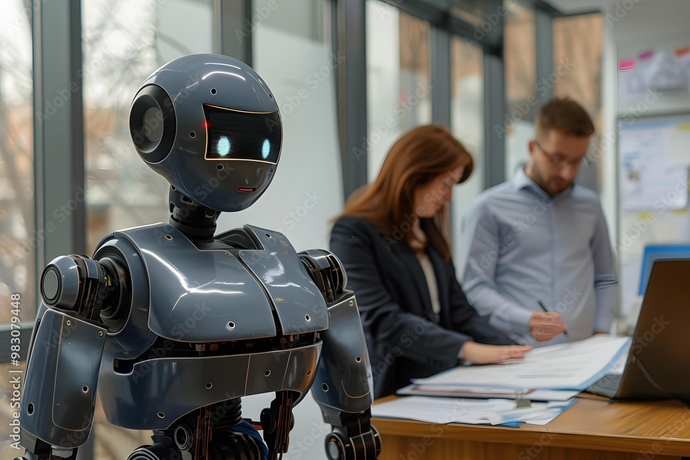 Fototapeta premium Humanoid Robot With Energy Efficiency Rate In Front Of Businesspeople Working On Documents