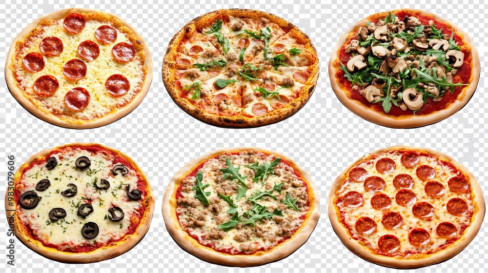A collection of six different pizzas with various toppings A collection of six different pizzas with various toppings