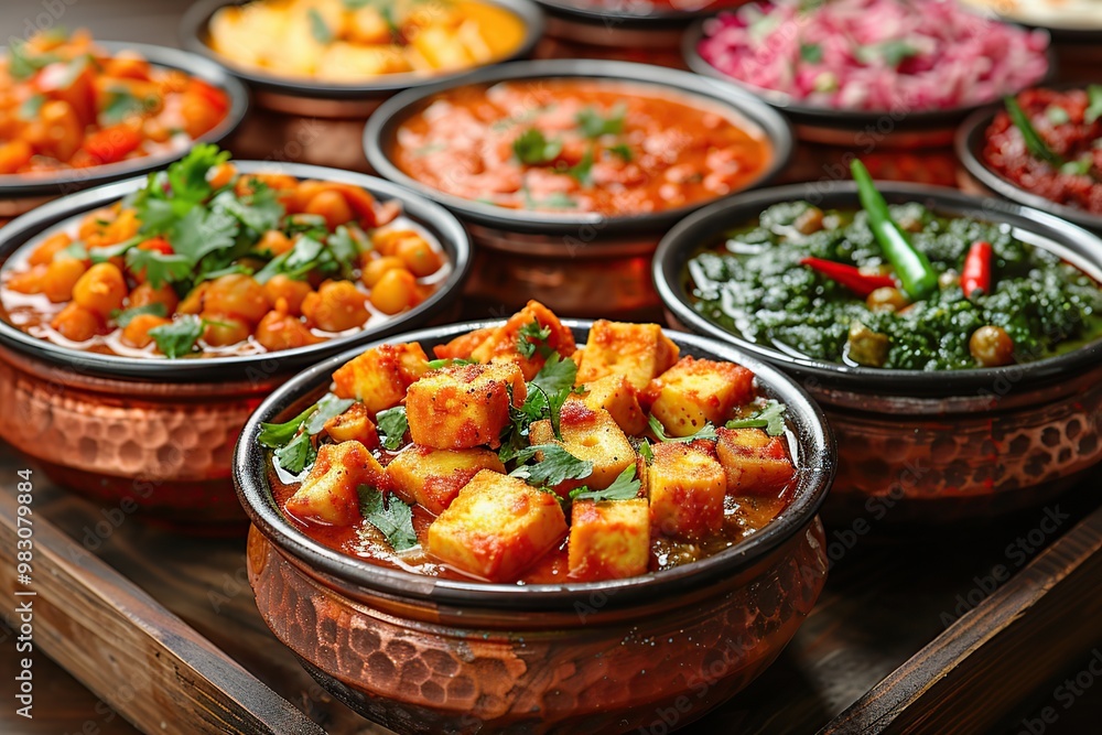 Indian Food Dishes in Copper Bowls Indian Food Dishes in Copper Bowls