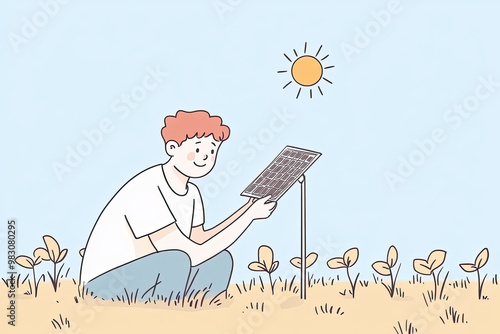 A farmer is using solar powered technology to monitor crops under bright sun, showcasing sustainable agriculture practices. This innovative approach highlights importance of renewable energy in farmin photo