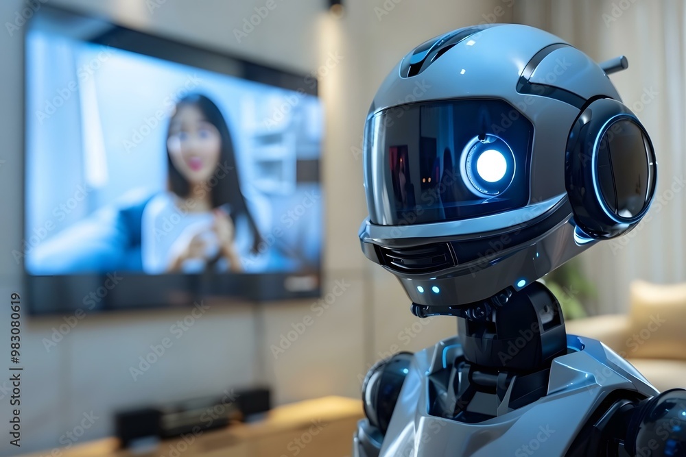 Over the shoulder view of a humanoid robot having a videochat with its attractive young girlfriend whose picture is shown on the screen. Over the shoulder view of a humanoid robot having a videochat with its attractive young girlfriend whose picture is shown on the screen.