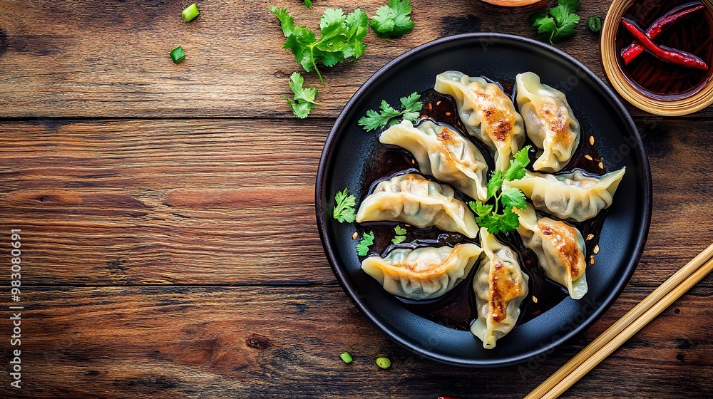 A plate of dumplings with a side of sauce and chopsticks A plate of dumplings with a side of sauce and chopsticks