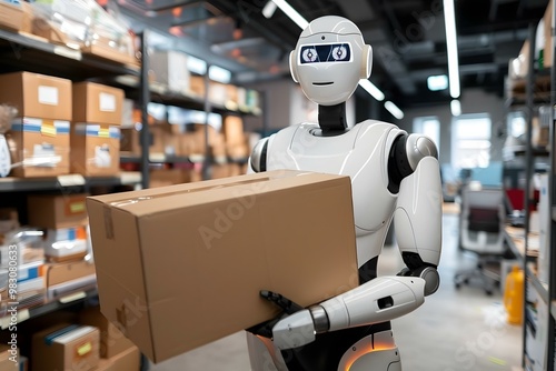 Portrait of happy multiethnic humanoid robot employees in office holding cardboard boxes.