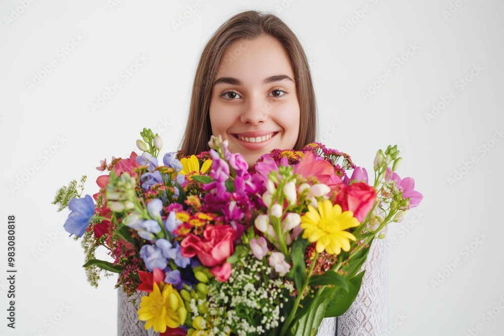 Teenager smiling happily, holding a blooming bouquet of flowers in a cheerful and romantic spring portrait. Teenager smiling happily, holding a blooming bouquet of flowers in a cheerful and romantic spring portrait.