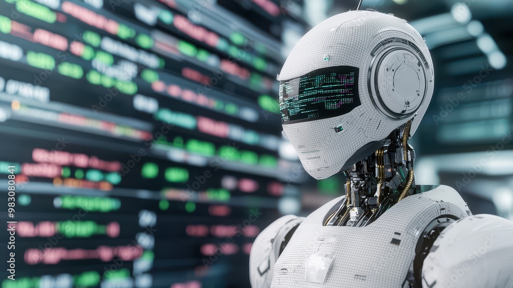 Futuristic robot with sleek design, standing in front of digital data display, representing technology and innovation in finance. Futuristic robot with sleek design, standing in front of digital data display, representing technology and innovation in finance.