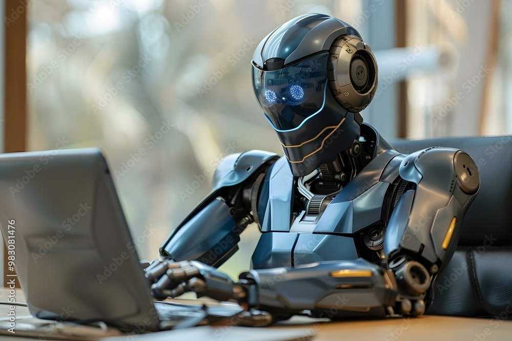 Humanoid robot on a Remote Webinar Meeting. Humanoid robot on a Remote Webinar Meeting.