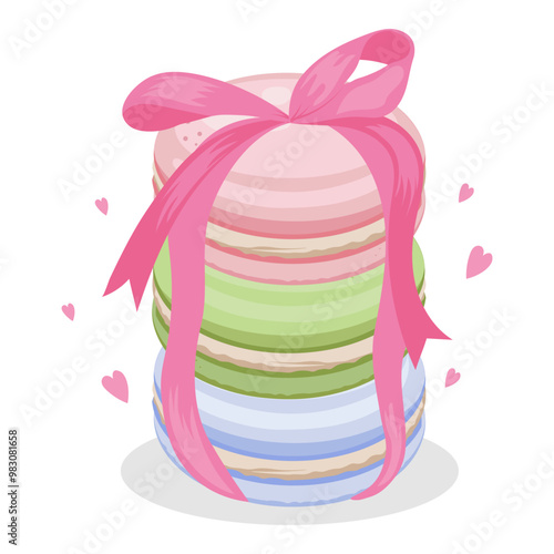 French macaroons tied with a festive ribbon. Pastel colors. Cafe and pastry shop design, poster, vector