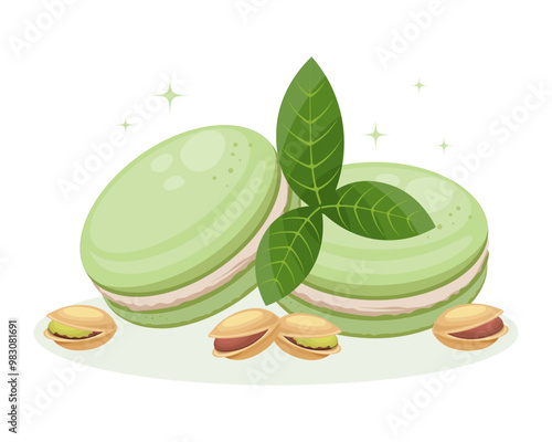 French cookies pistachio macarons and pistachios with leaves. Pastel colors. Design for cafe and pastry shop, poster, vector