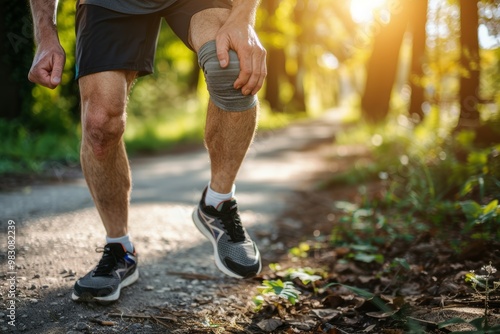 Man suffering knee pain on a treadmill in a well-lit park.