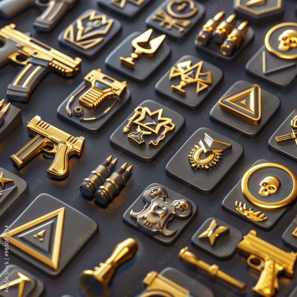 3D free to play casual UI HUD icons golden army symbols triangle gun zombie points trophy prize simple sharp octane render unity game 3D free to play casual UI HUD icons golden army symbols triangle gun zombie points trophy prize simple sharp octane render unity game