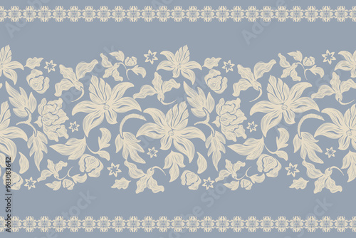 Vintage floral ethnic tapestry modern embroidery Ikat texture bohemian design vector illustration hand drawn silhouette indigo blue flower motif branches leaves wallpaper seamless background border.