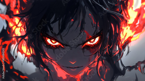 A demon with a scowling expression staring directly ahead, with red eyes emanating redness and fire, from an anime.