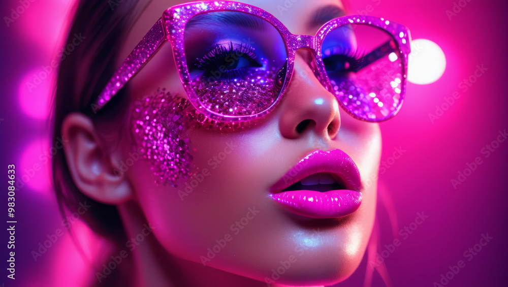 Close-up view of a beauty supermodel woman face, bathed in neon pink and purple light with glittering particles on her skin, sunglasses with glitter textures patterns, fashion magazine style Close-up view of a beauty supermodel woman face, bathed in neon pink and purple light with glittering particles on her skin, sunglasses with glitter textures patterns, fashion magazine style